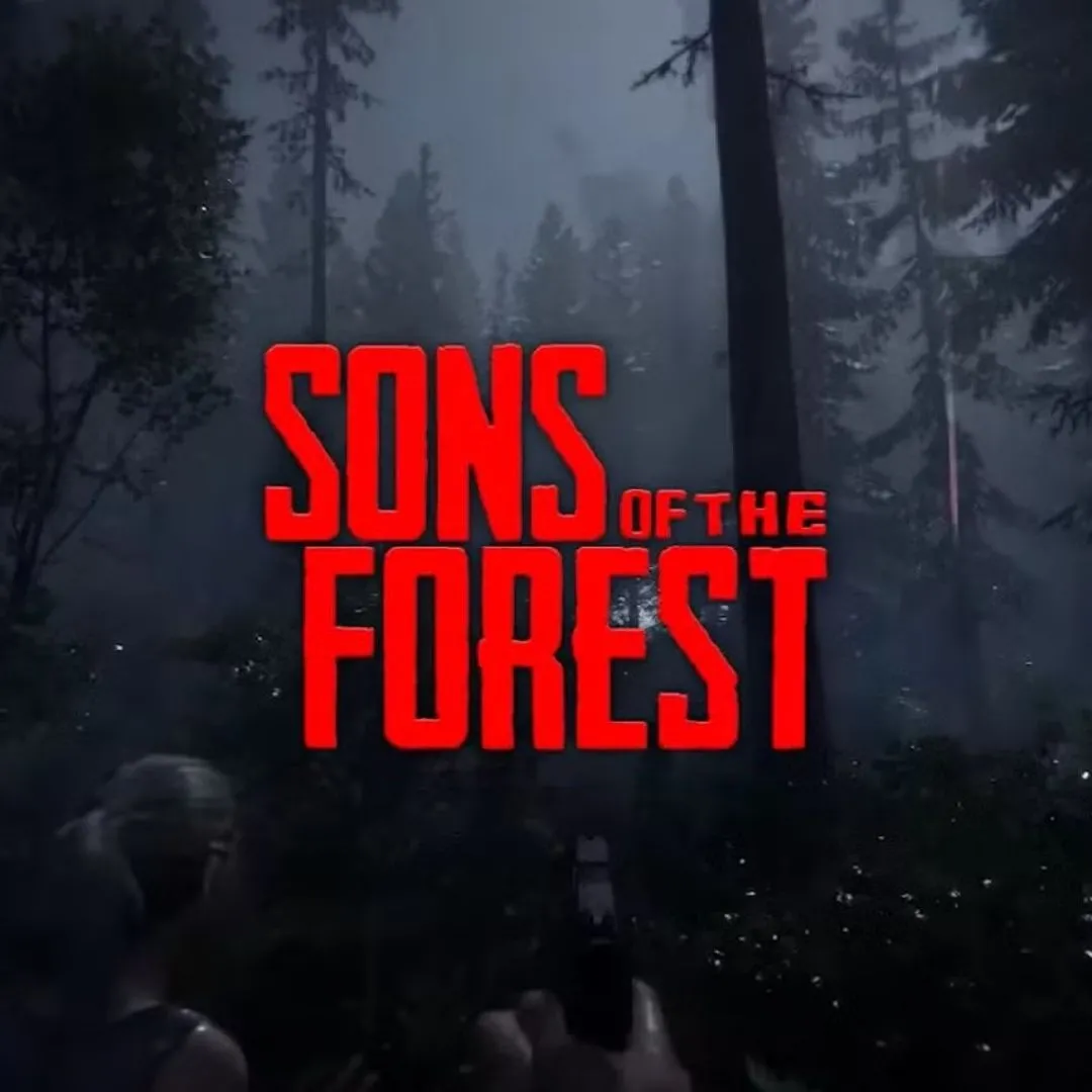Hình ảnh sản phẩm của game Sons of the Forest, hiển thị một người chơi cùng Kevin trong một khu rừng rậm rạp, đầy rẫy nguy hiểm.