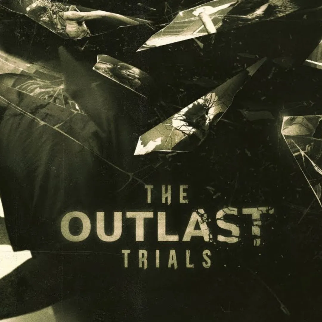 Hình ảnh sản phẩm của game The Outlast Trials, hiển thị một nhóm người chơi đang chạy trốn trong một môi trường nhà thương điên đổ nát.