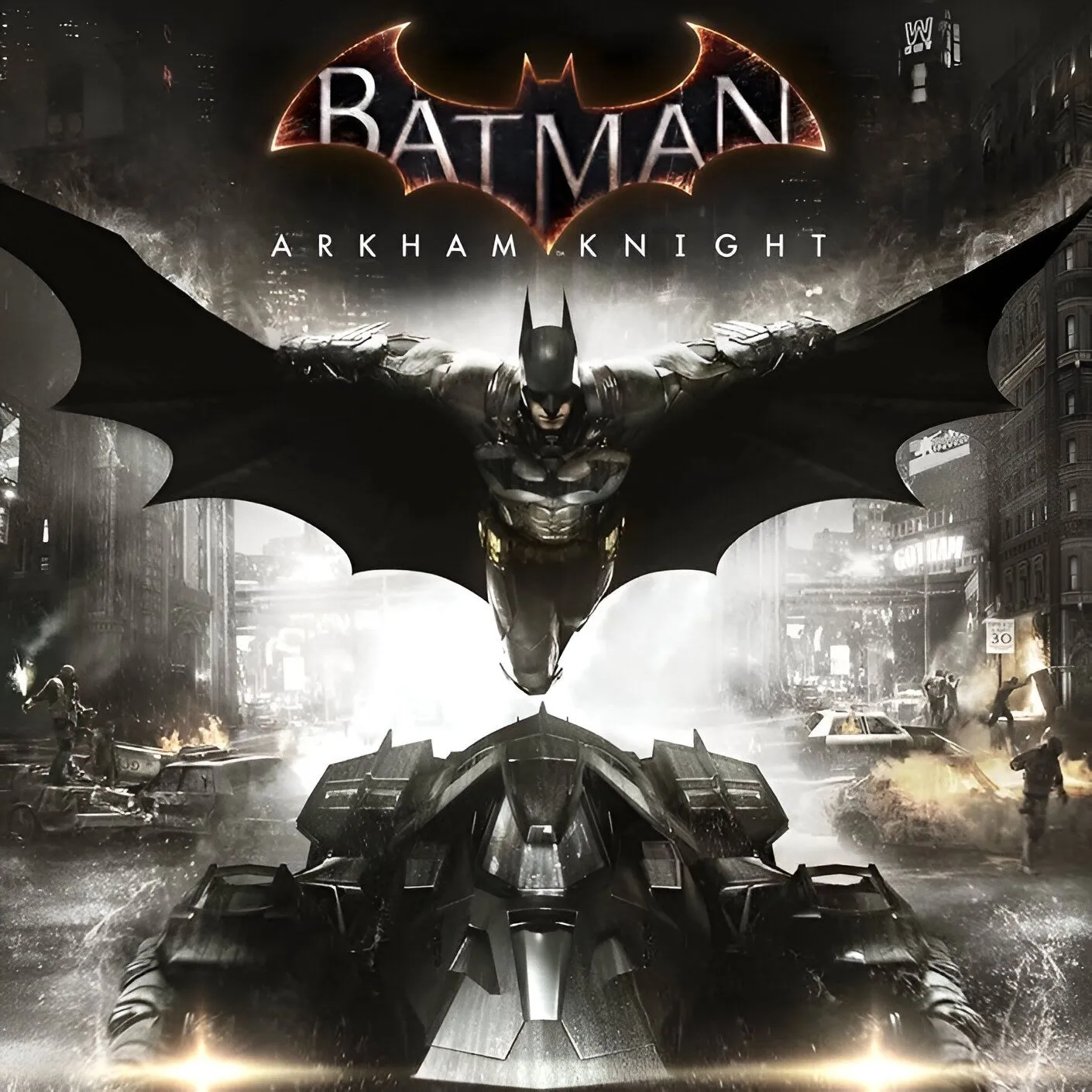 Hình ảnh sản phẩm game Batman: Arkham Knight, thể hiện sự tối tăm và bí ẩn của thế giới Người Dơi.