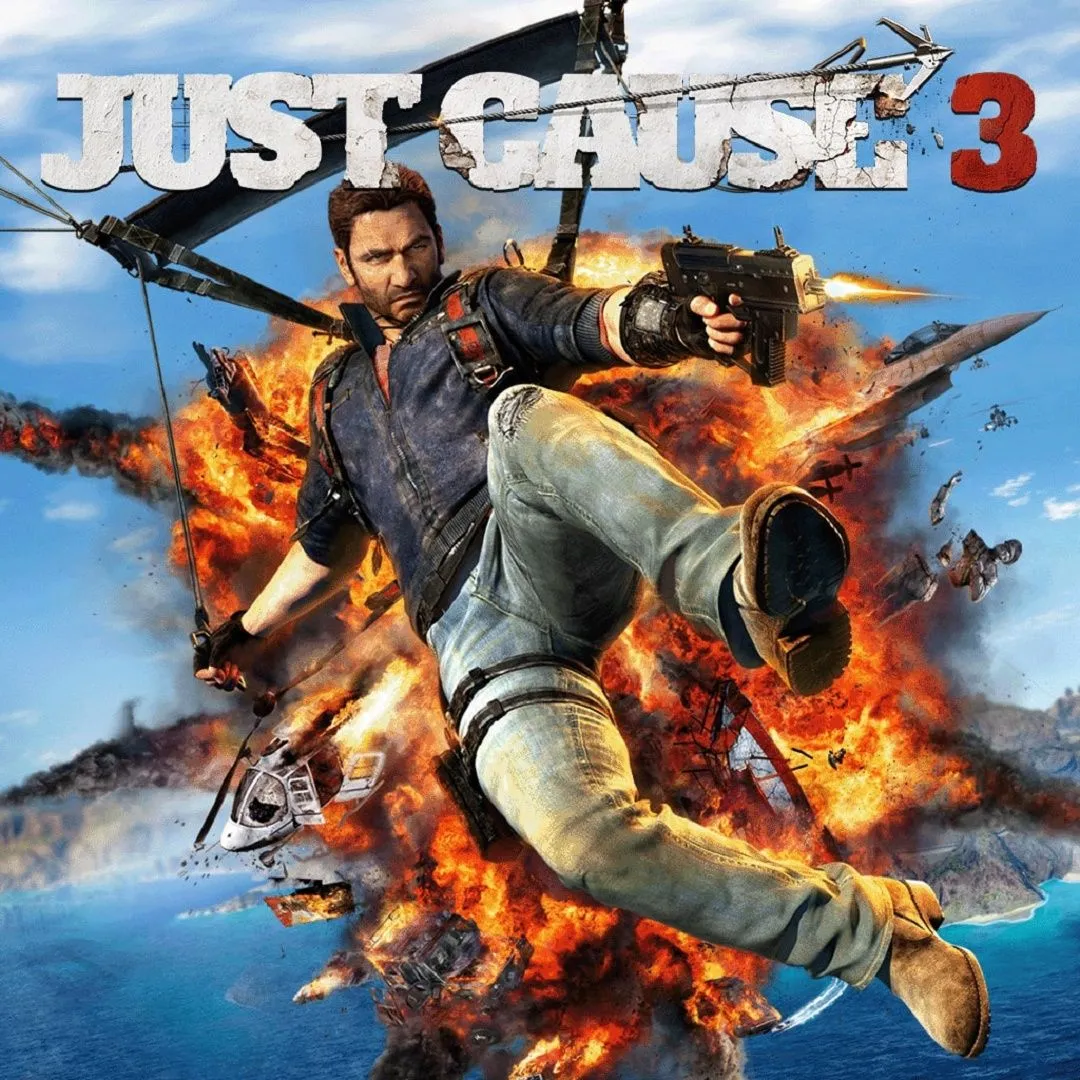 Hình ảnh sản phẩm game Just Cause 3 với nhân vật chính Rico Rodriguez trong cảnh hành động cháy nổ hoành tráng