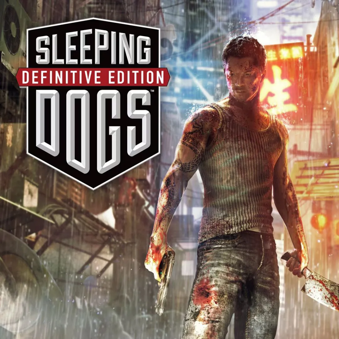 Hình ảnh sản phẩm game Sleeping Dogs: Definitive Edition, thể hiện cảnh hành động tại một con phố ẩm ướt ở Hong Kong.