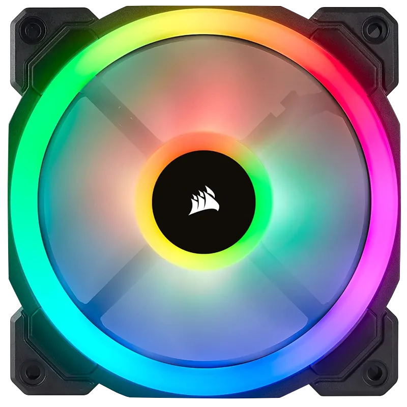 Hình ảnh sản phẩm quạt Corsair LL120 RGB, nổi bật với hệ thống đèn LED đa sắc màu