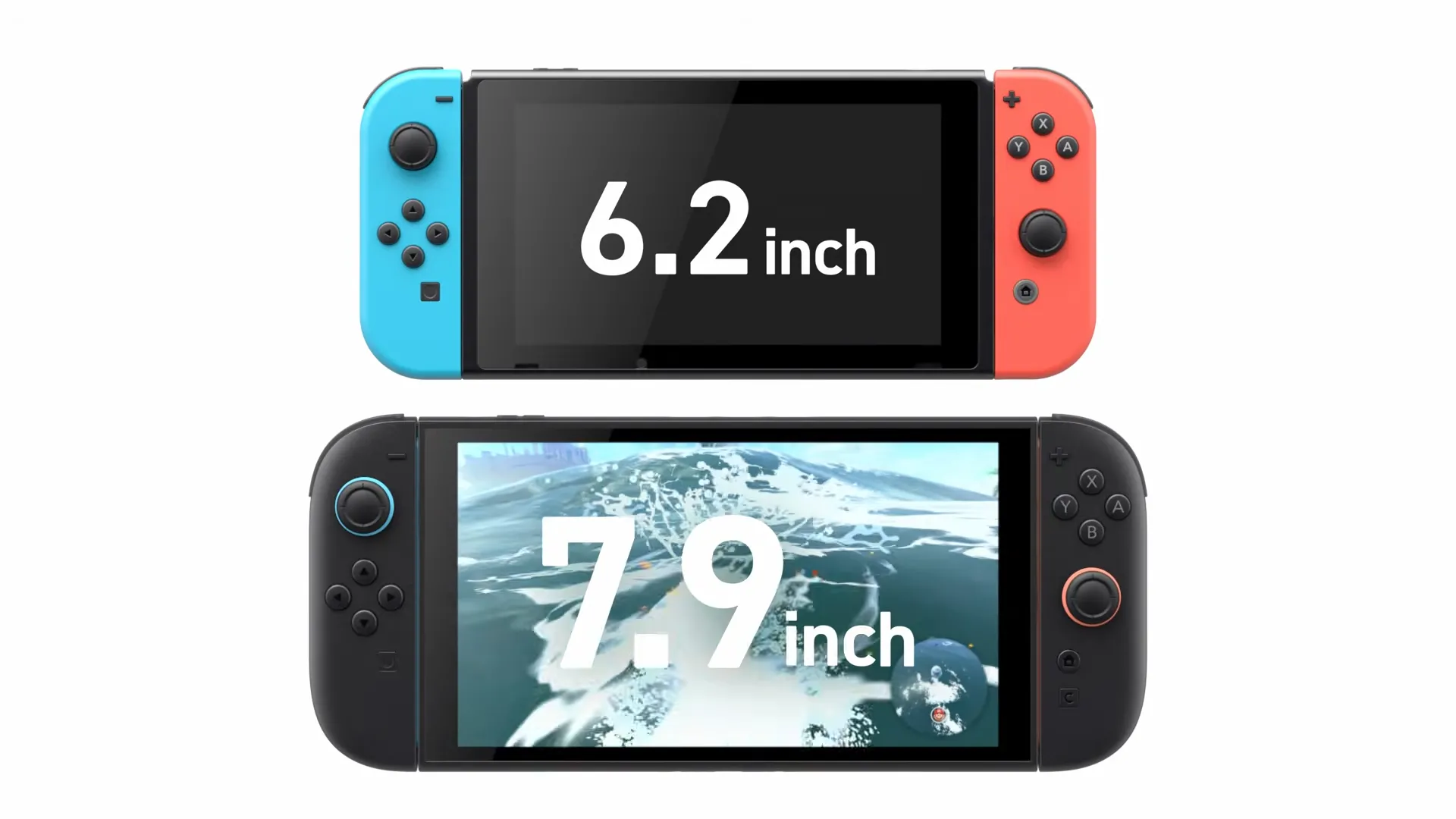 Hình ảnh so sánh kích thước màn hình của Nintendo Switch và Nintendo Switch 2, cho thấy Switch 2 có màn hình lớn hơn