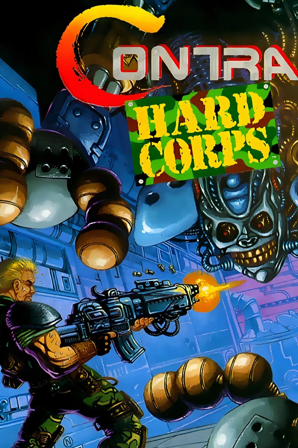 Hình ảnh tổng hợp các cảnh hành động và nhân vật từ game Contra: Hard Corps, một tựa game bắn súng kinh điển trên Sega Genesis