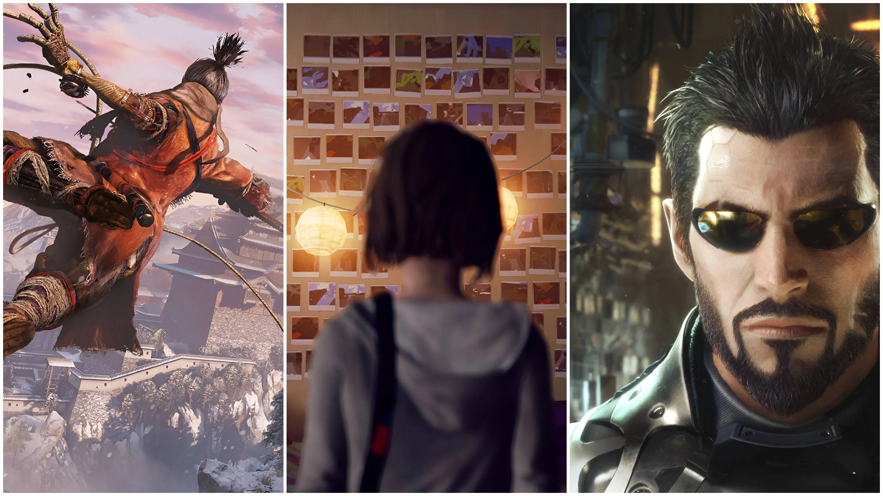 Hình ảnh tổng hợp các nhân vật game nổi bật như Wolf (Sekiro), Max (Life is Strange) và Adam Jensen (Deus Ex), phản ánh những bài học và cảm xúc sâu sắc mà các tựa game như Max Payne mang lại cho người chơi.
