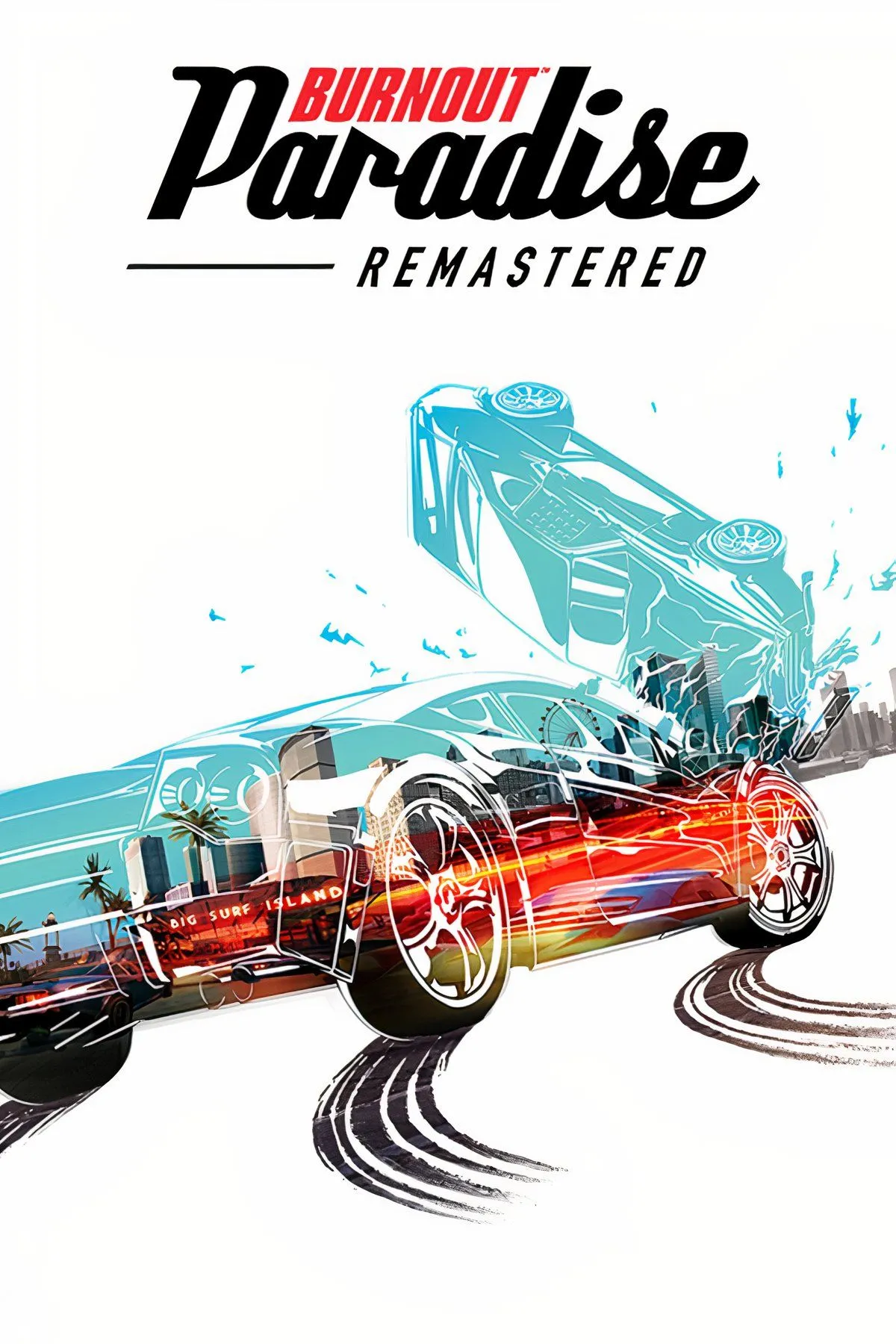 Hình ảnh tổng hợp khoảnh khắc va chạm và hiệu ứng cháy nổ ngoạn mục trong game Burnout Paradise Remastered, thể hiện lối chơi arcade đầy phấn khích.