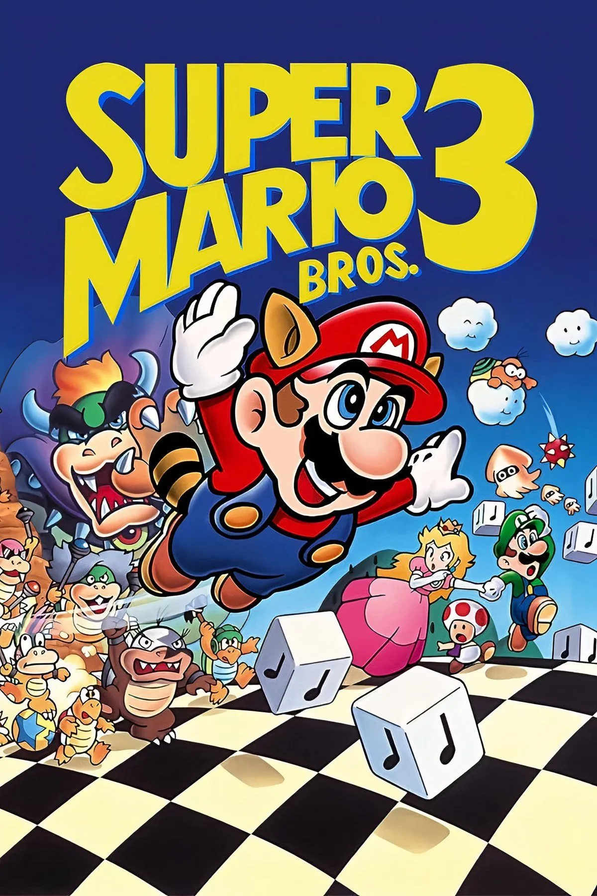 Hình ảnh tổng hợp từ Super Mario Bros. 3, hiển thị Mario với Tanooki Suit và bản đồ thế giới
