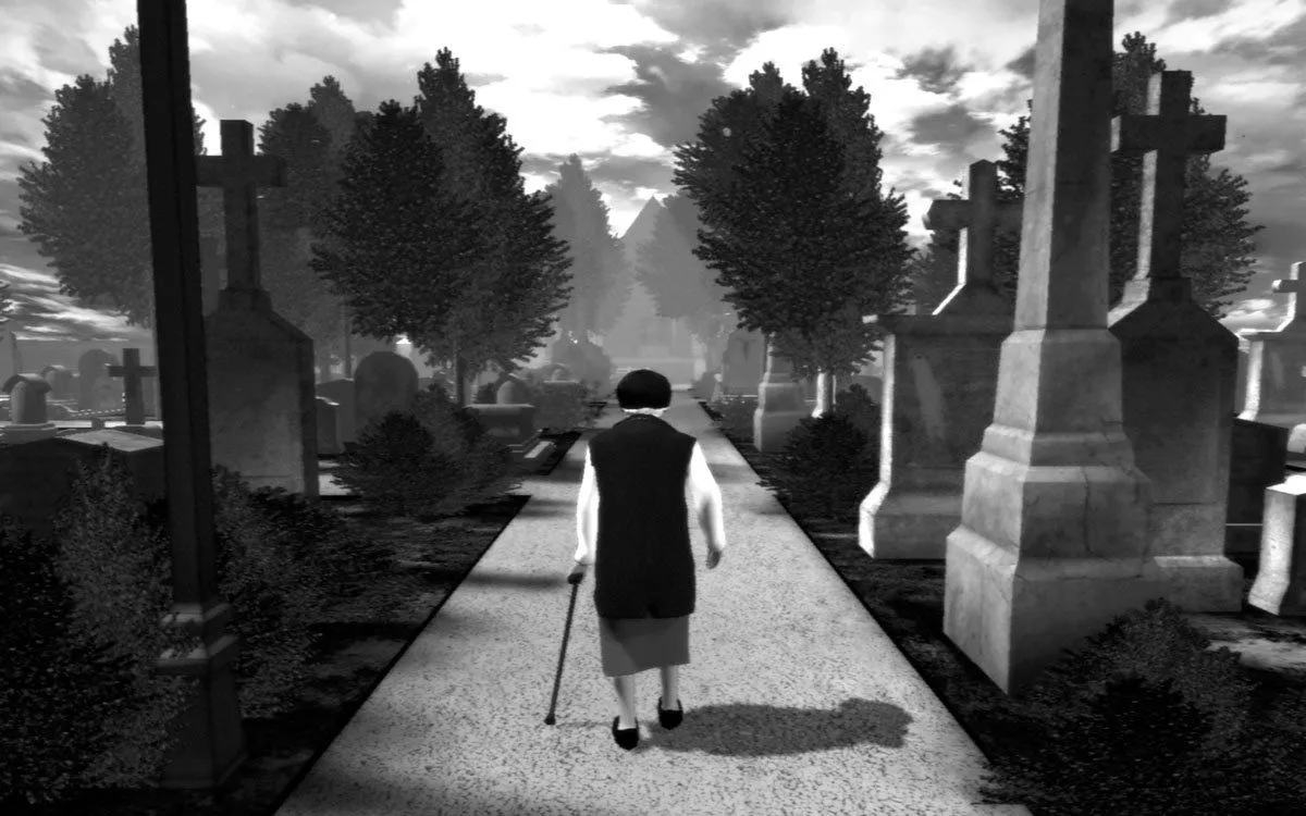 Hình ảnh từ game The Graveyard với một cụ bà đang đi bộ trong nghĩa địa u ám