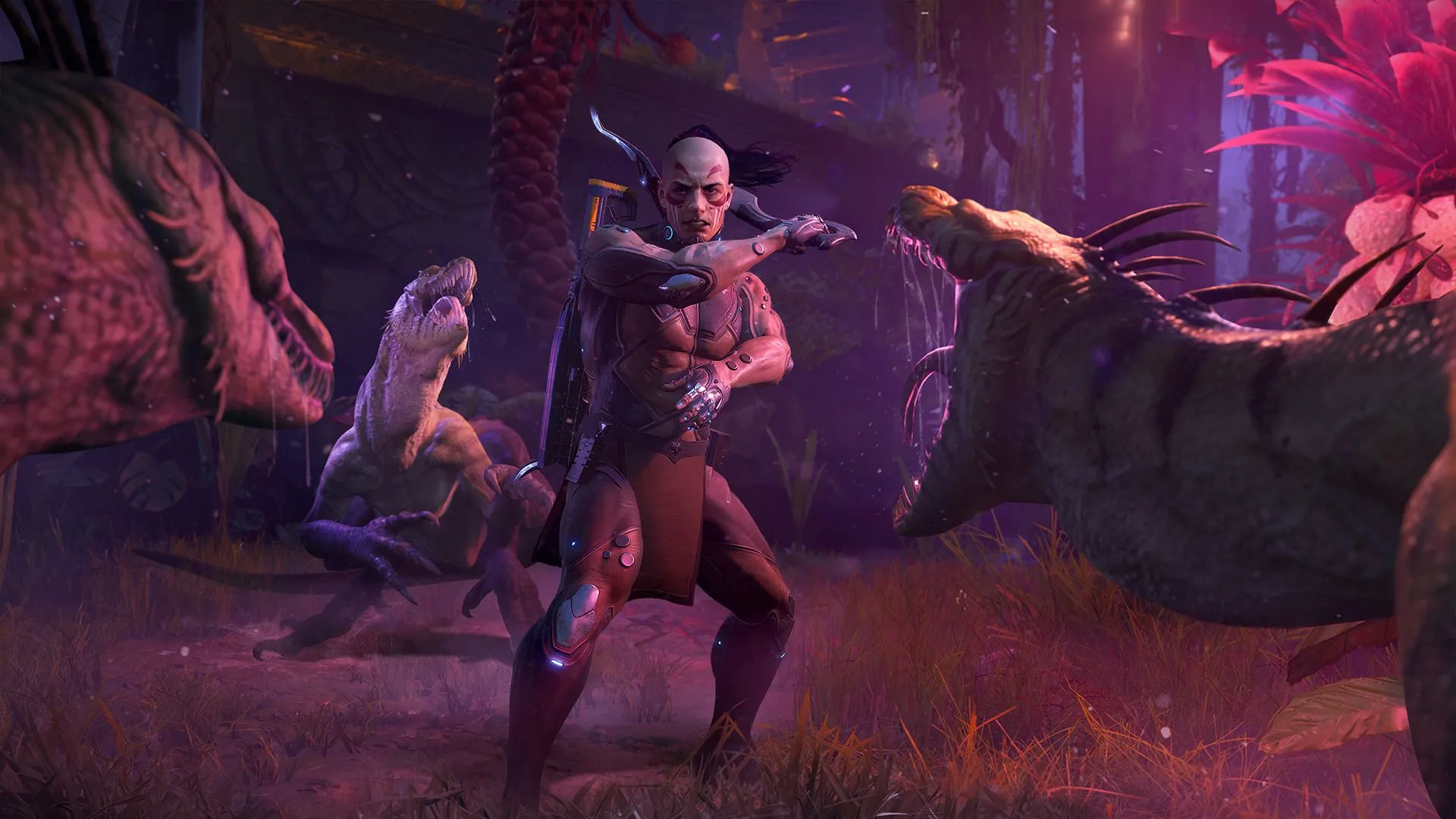 Hình ảnh Turok với dao đối mặt ba khủng long, minh họa phong cách chiến đấu trong Turok Origins
