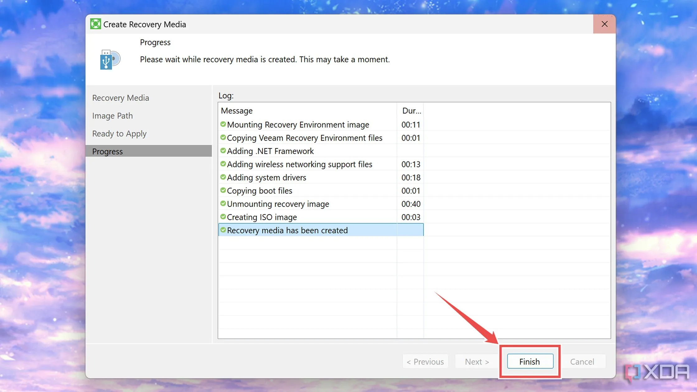 Hoàn tất quá trình tạo recovery image trong Veeam Backup Agent