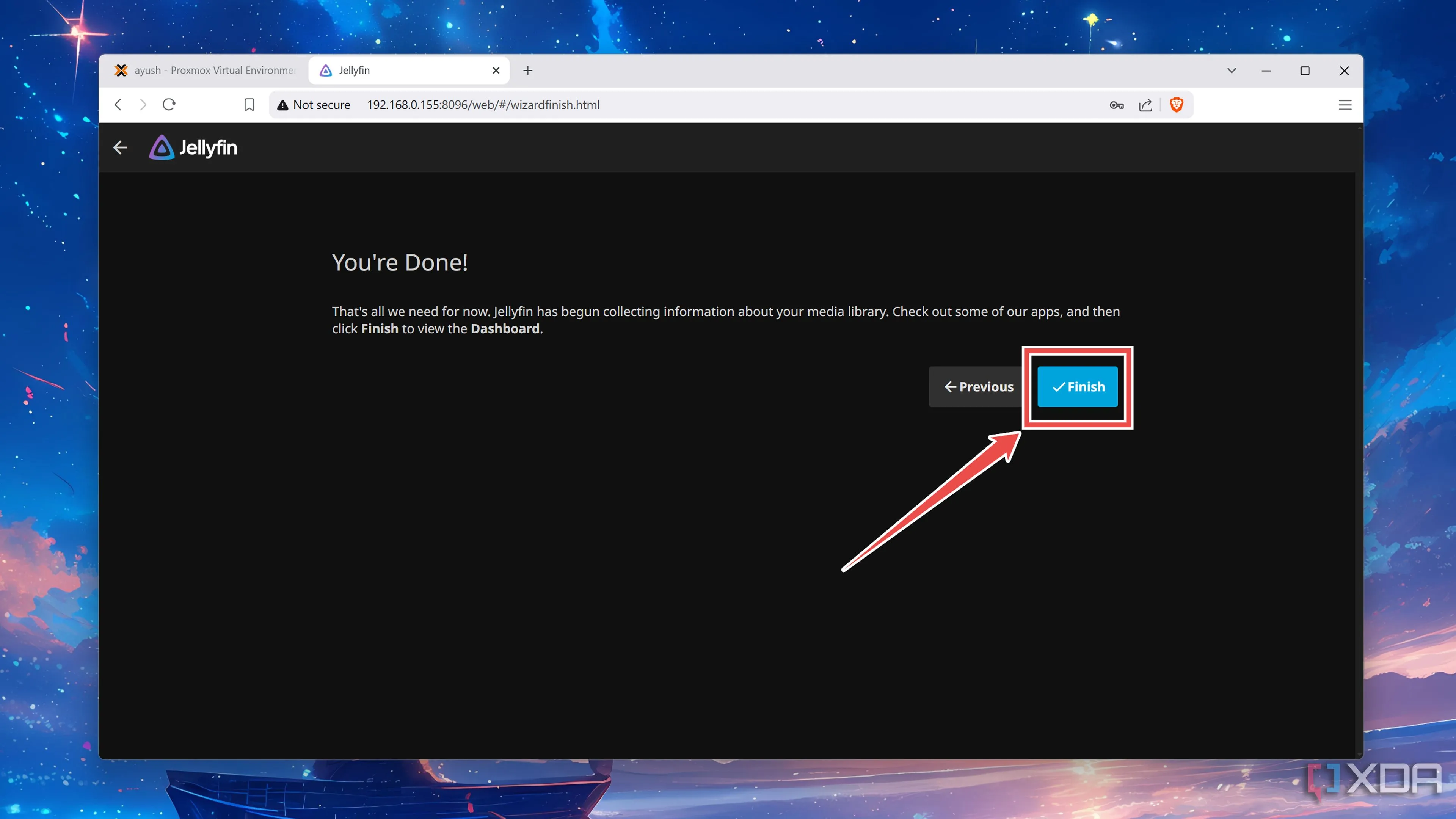 Hoàn tất trình hướng dẫn thiết lập ban đầu và truy cập giao diện Jellyfin Dashboard