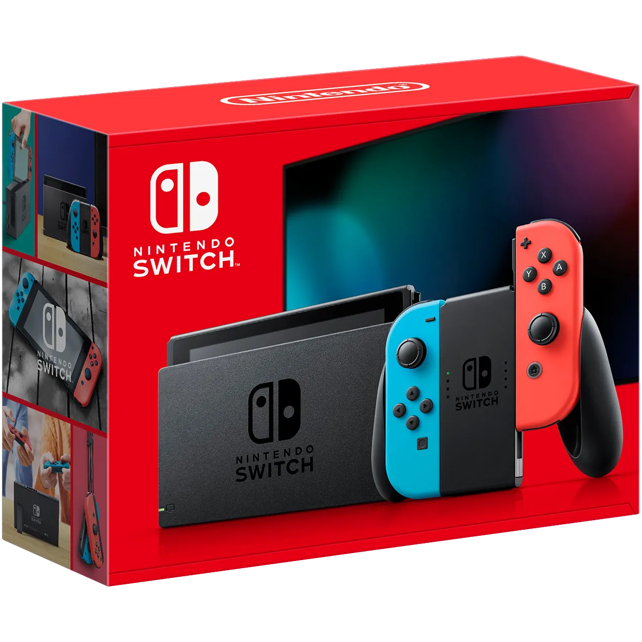 Hộp bán lẻ máy chơi game Nintendo Switch với Joy-Con màu xanh và đỏ