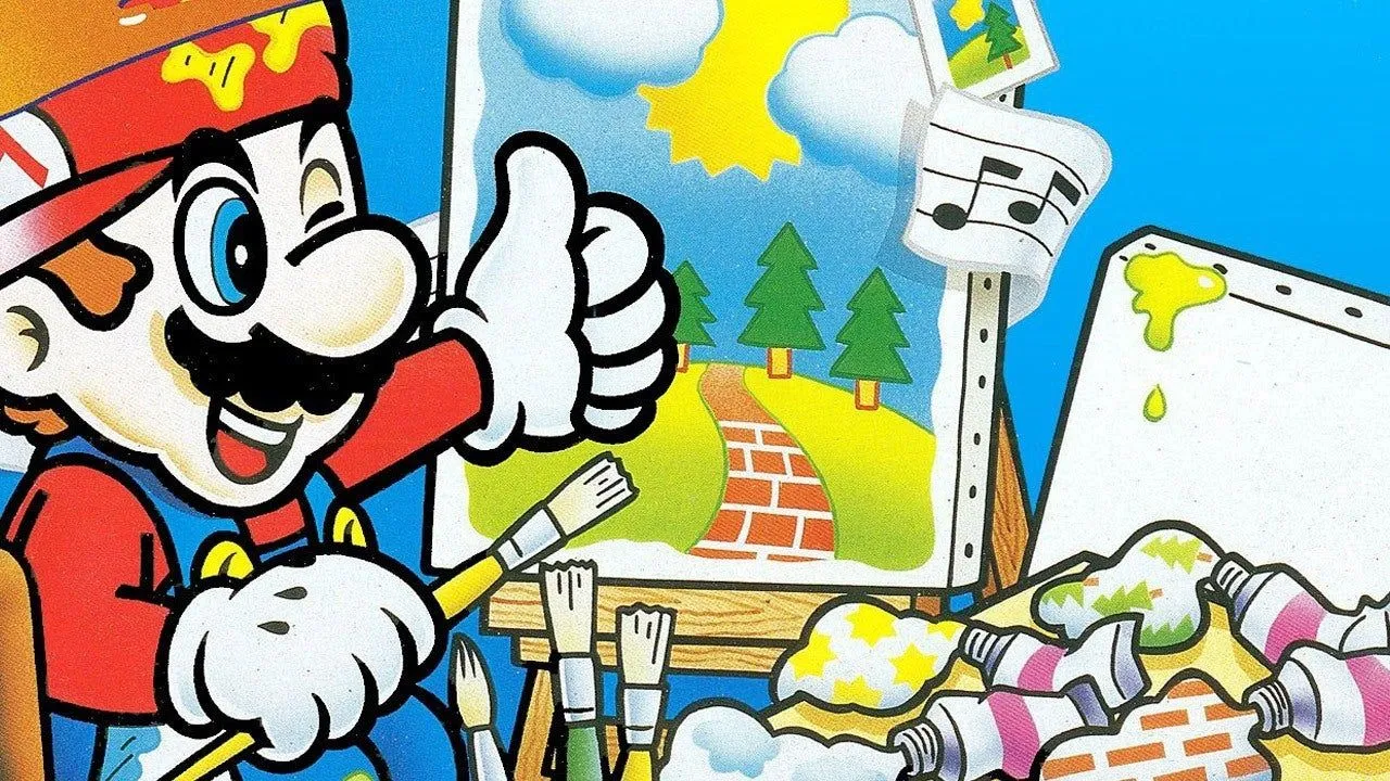 Hộp game Mario Paint cho hệ máy SNES, thể hiện biểu tượng chú Mario đang vẽ cùng chuột SNES