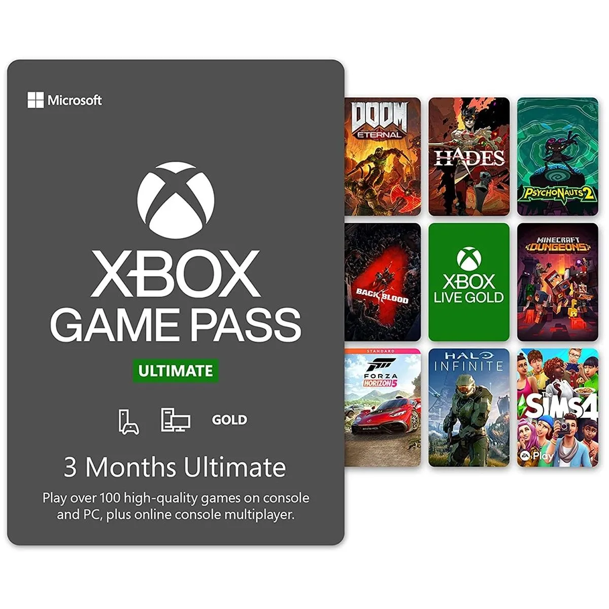 Hộp sản phẩm Xbox Game Pass Ultimate thể hiện quyền truy cập thư viện game trên console, PC và chơi game đám mây