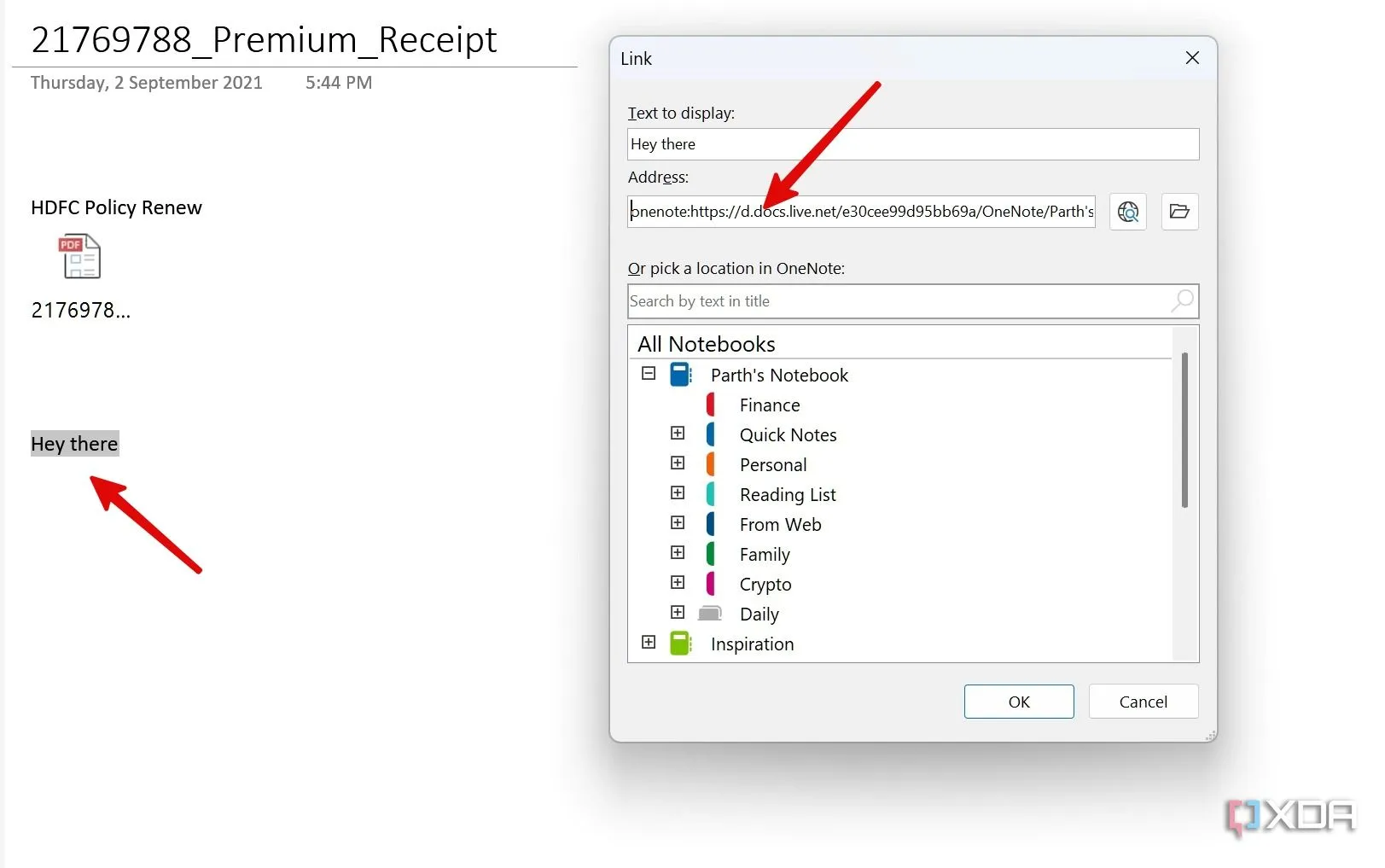 Hộp thoại 'Insert Link' trong OneNote, hiển thị cách dán liên kết đến các trang ghi chú khác.