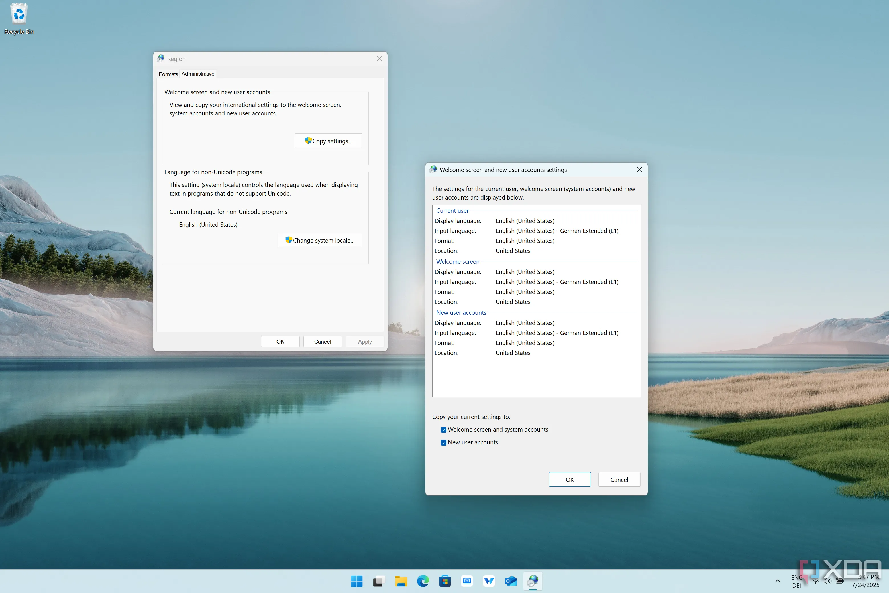 Hộp thoại Sao chép cài đặt (Copy settings) trong Windows 11, hiển thị tùy chọn sao chép cài đặt vùng của người dùng hiện tại sang các tài khoản mới.