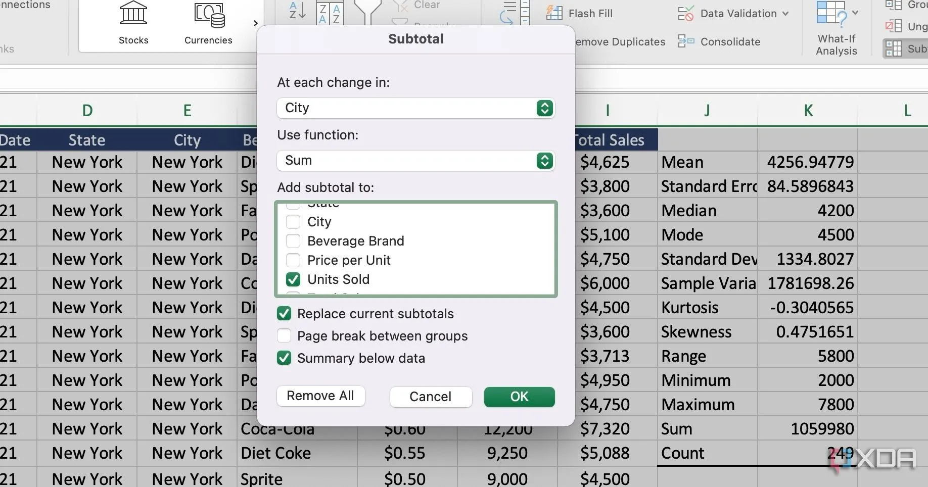 Hộp thoại Subtotal trong Excel với các tùy chọn nhóm và tổng hợp dữ liệu