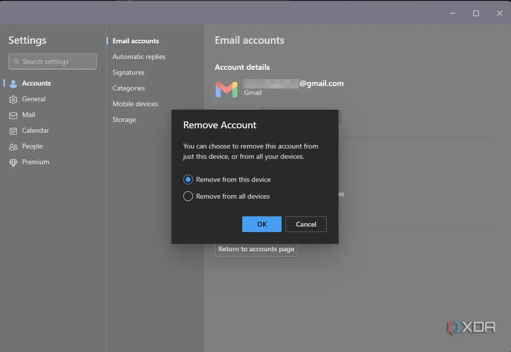 Hộp thoại xác nhận xóa tài khoản Outlook khỏi thiết bị