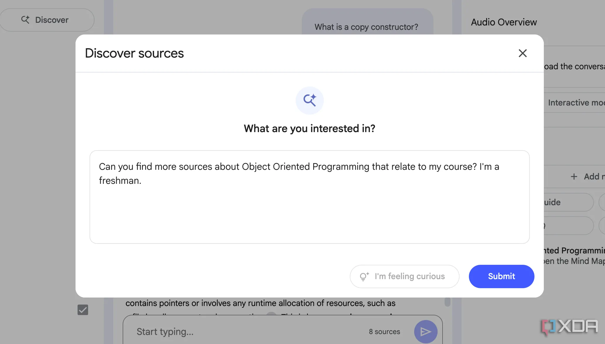 Hộp văn bản mô tả Discover Sources của NotebookLM