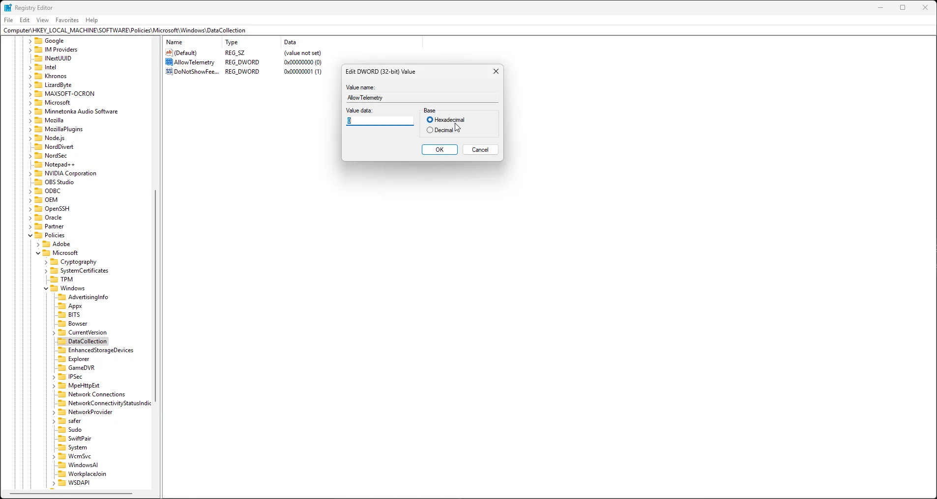 Hướng dẫn tạo giá trị DWORD AllowTelemetry và đặt giá trị 0 trong DataCollection để tắt Telemetry Windows 11