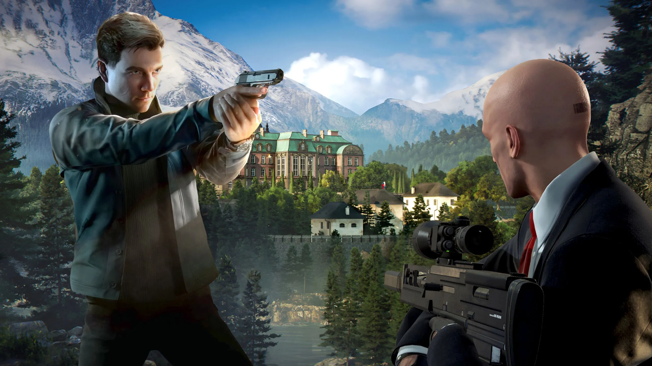 James Bond và Agent 47 trên nền cỏ nắng