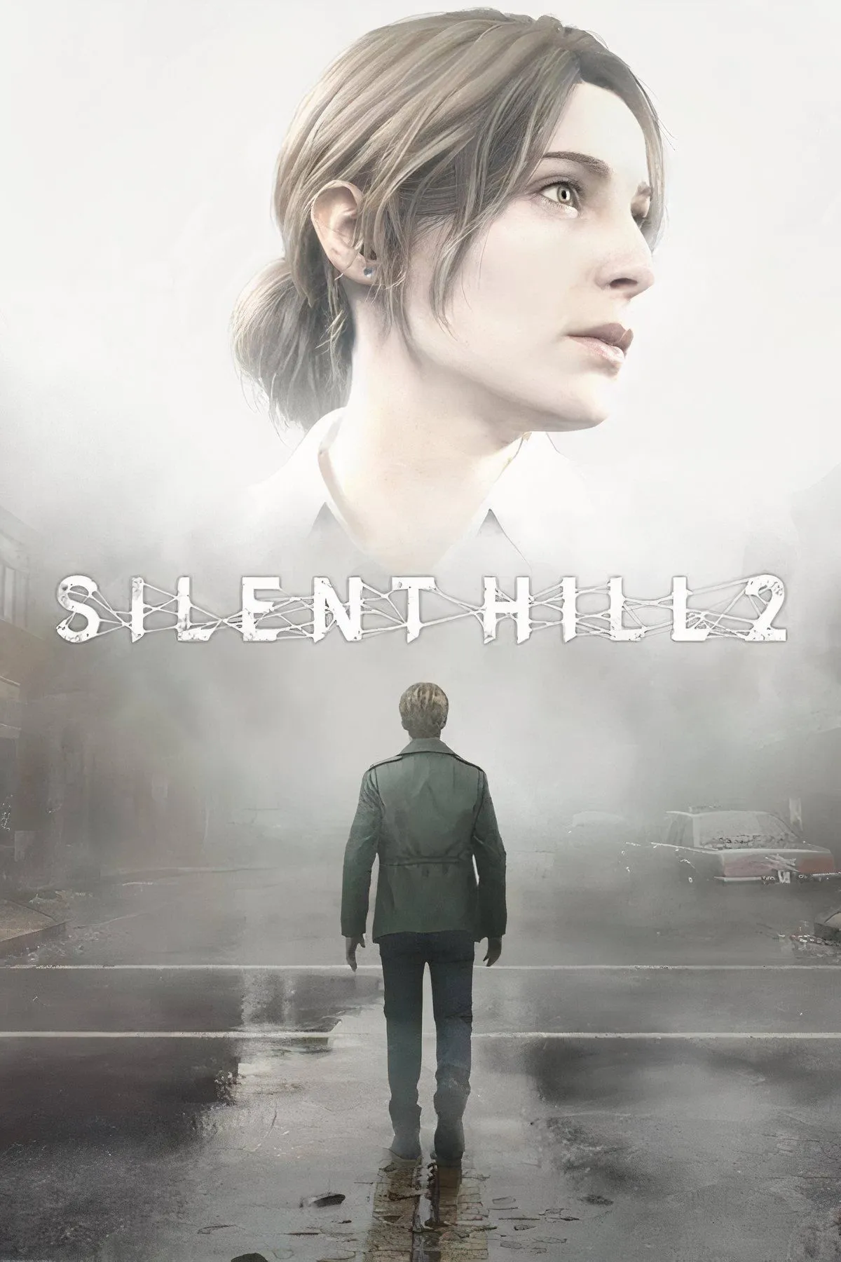 James Sunderland đứng giữa sương mù dày đặc trên con đường vắng vẻ của thị trấn Silent Hill trong game kinh dị tâm lý Silent Hill 2.