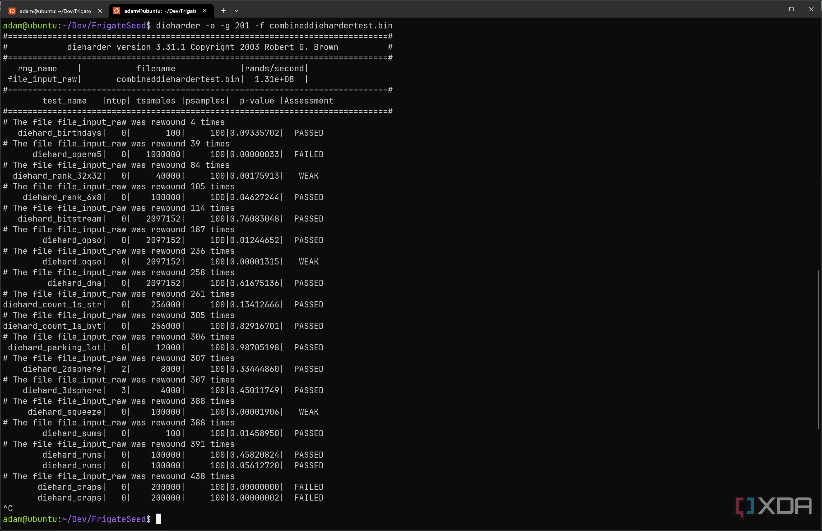 Kết quả kiểm tra Dieharder trên mẫu seed entropy từ Frigate và /dev/urandom cho thấy tính ngẫu nhiên