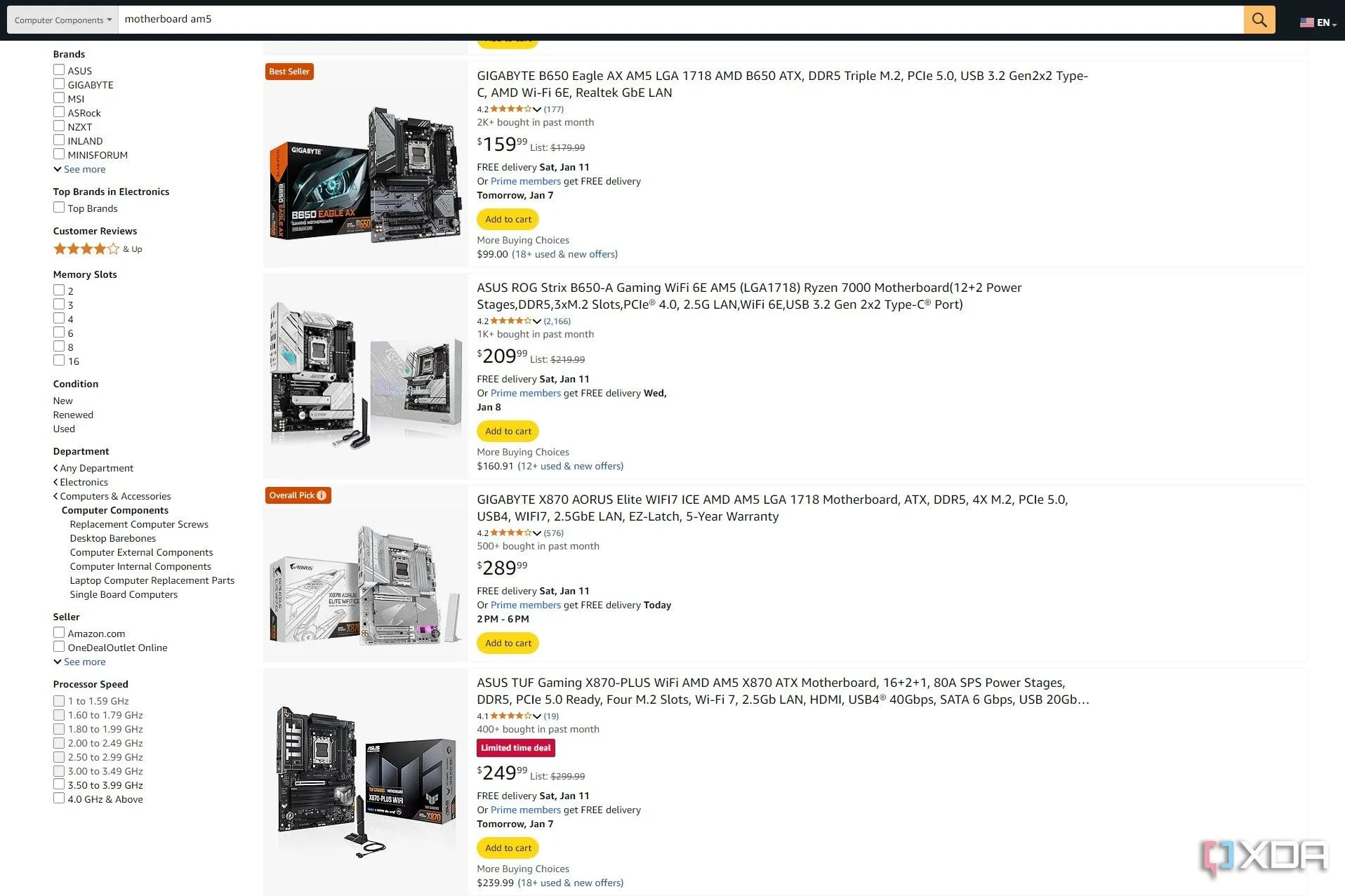 Kết quả tìm kiếm bo mạch chủ AM5 trên Amazon với tùy chọn Overall Pick không phù hợp
