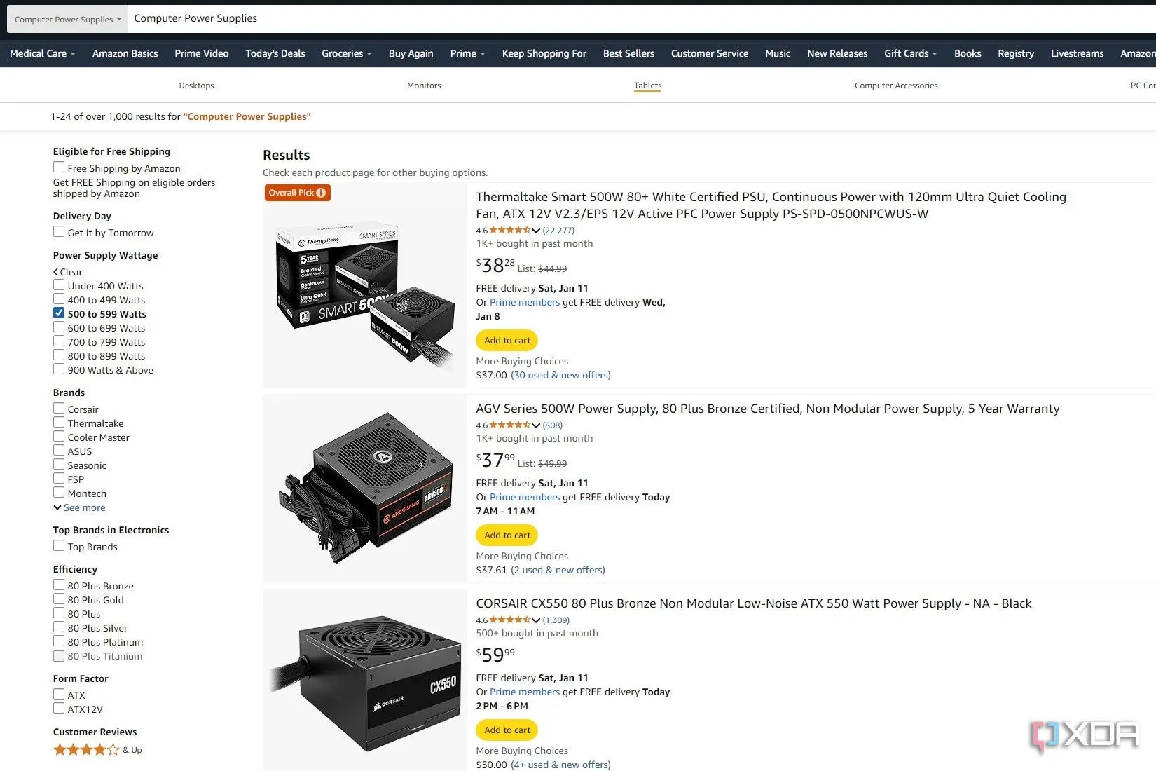 Kết quả tìm kiếm bộ nguồn máy tính trên Amazon, với tùy chọn 80+ White không an toàn