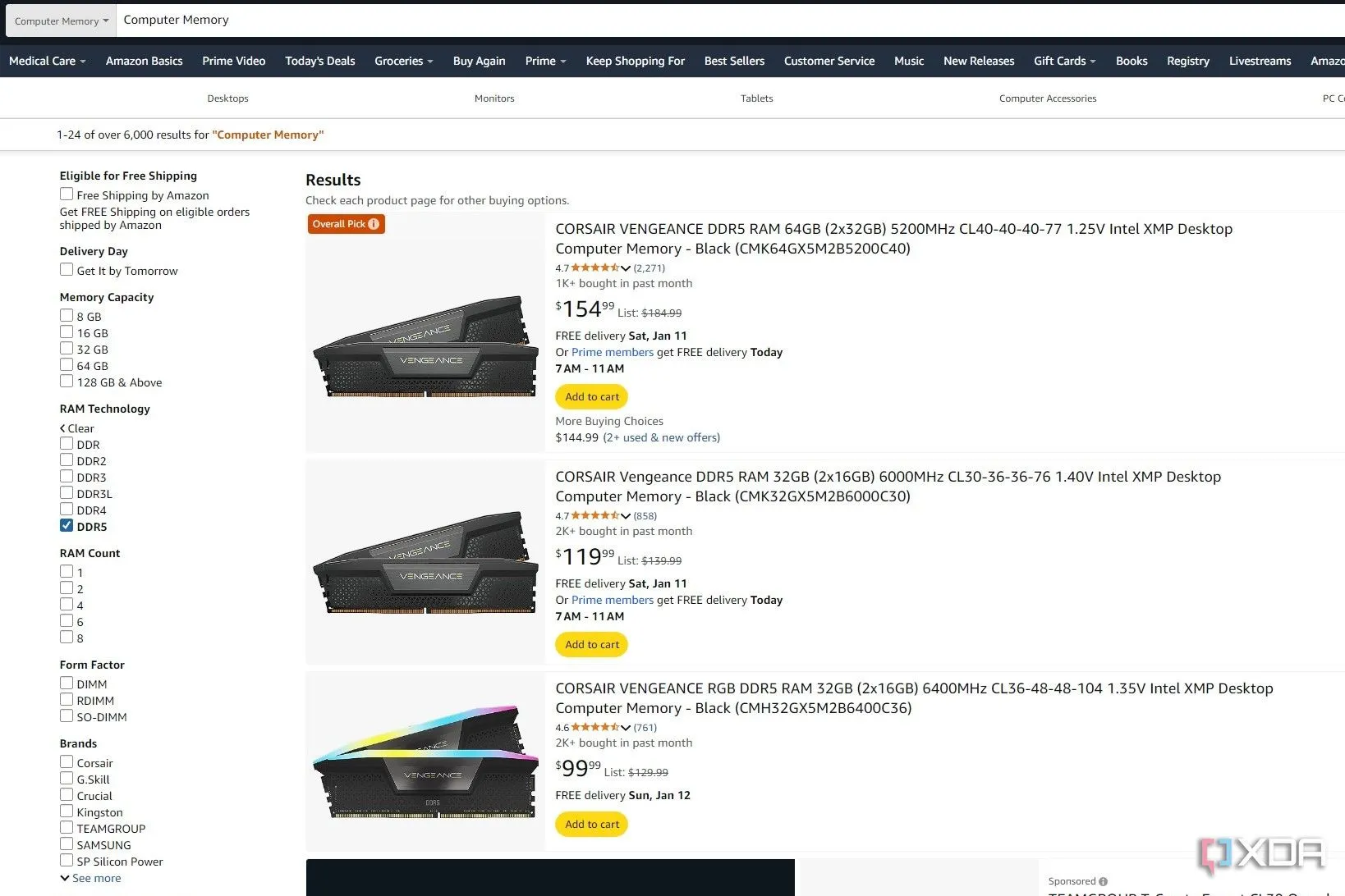 Kết quả tìm kiếm bộ nhớ máy tính trên Amazon, với tùy chọn RAM dung lượng lớn và tốc độ thấp