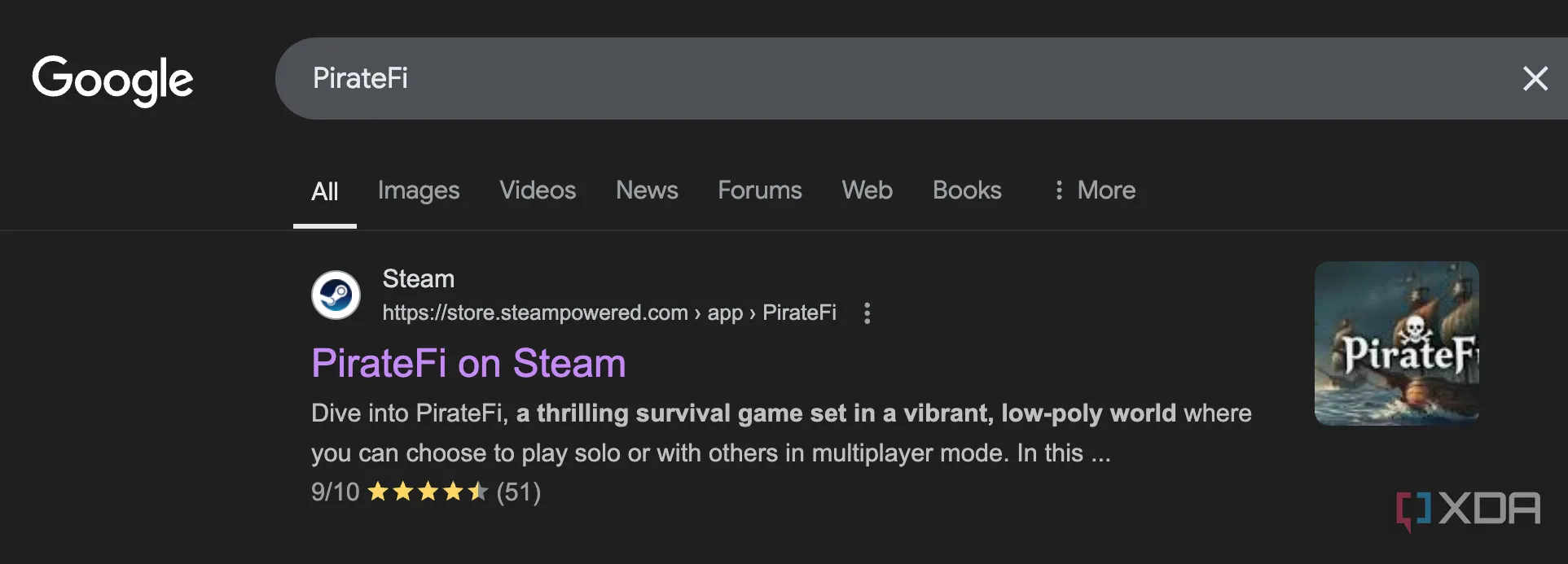 Kết quả tìm kiếm Google cho game PirateFi trên Steam hiển thị liên kết đã bị xóa