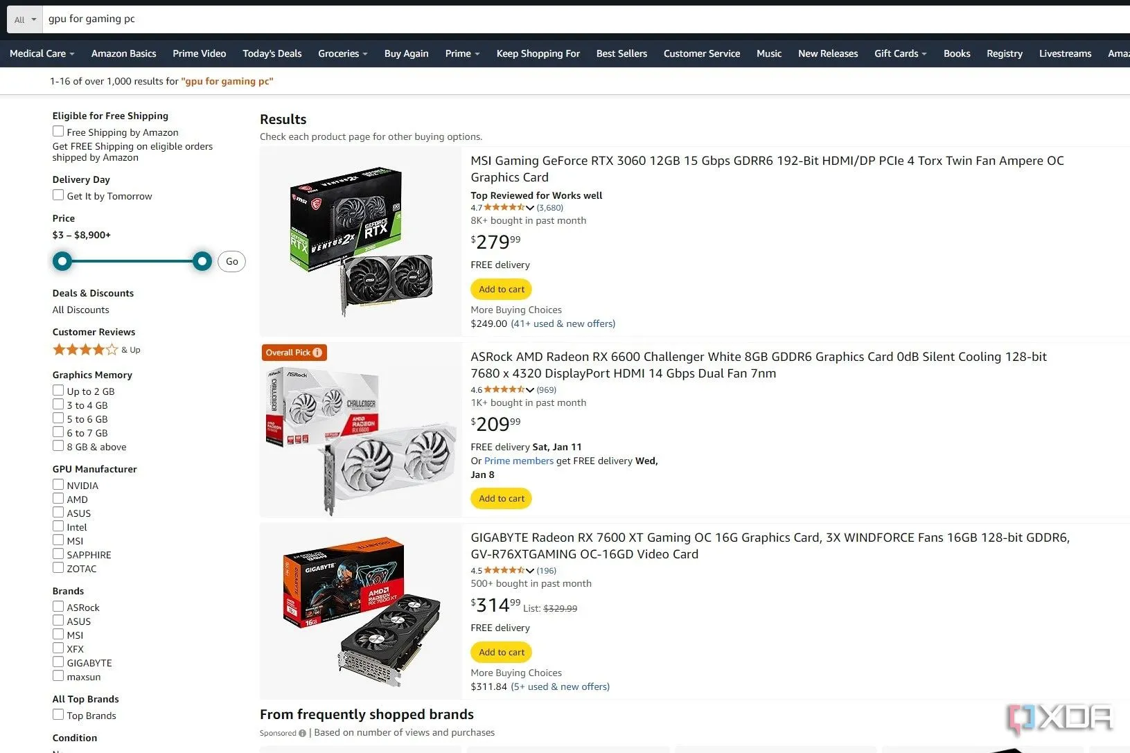 Kết quả tìm kiếm GPU cho PC gaming trên Amazon, với gợi ý RX 6600 không tối ưu