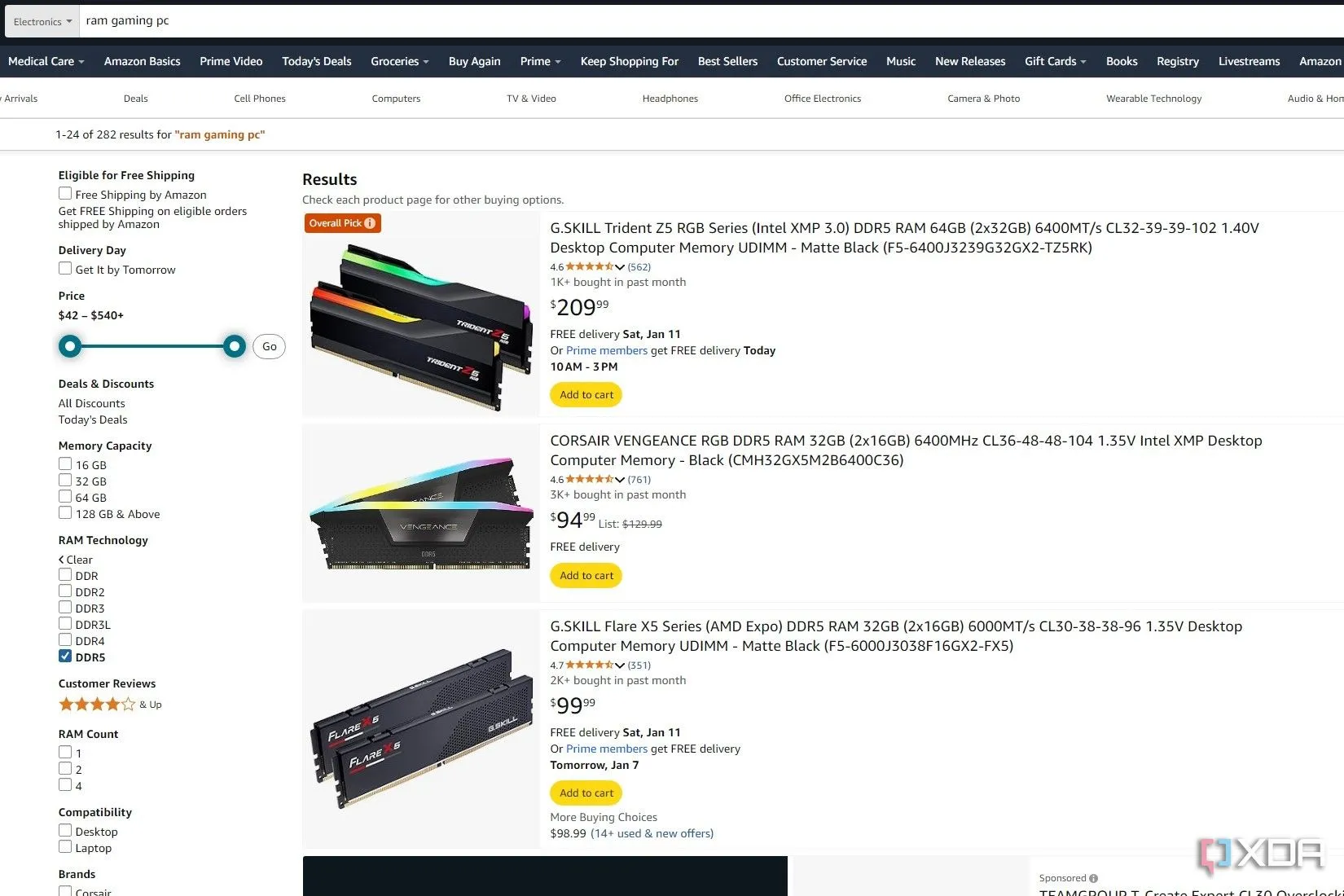 Kết quả tìm kiếm RAM DDR5 trên Amazon, cho thấy gợi ý dung lượng và tốc độ không phù hợp