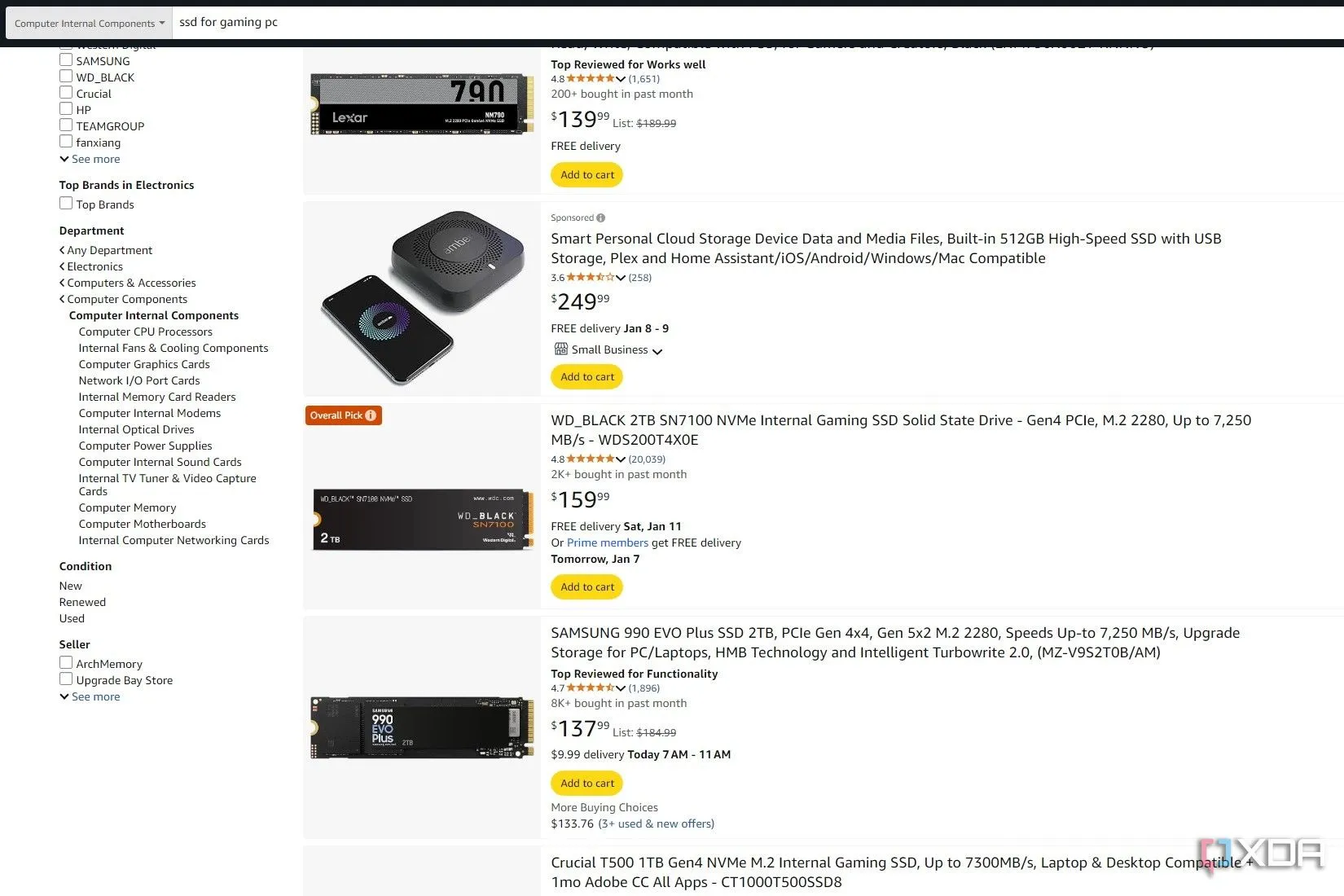Kết quả tìm kiếm SSD cho PC gaming trên Amazon, hiển thị gợi ý SSD hiệu năng cao nhưng giá đắt