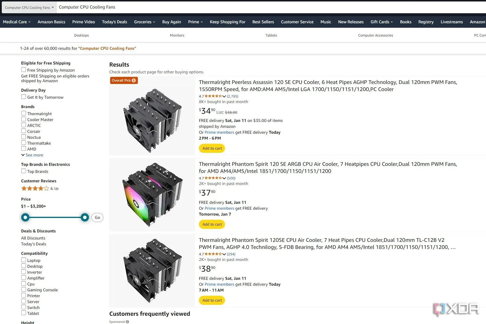 Kết quả tìm kiếm tản nhiệt CPU cho PC gaming trên Amazon, với gợi ý tản nhiệt khí chất lượng cao