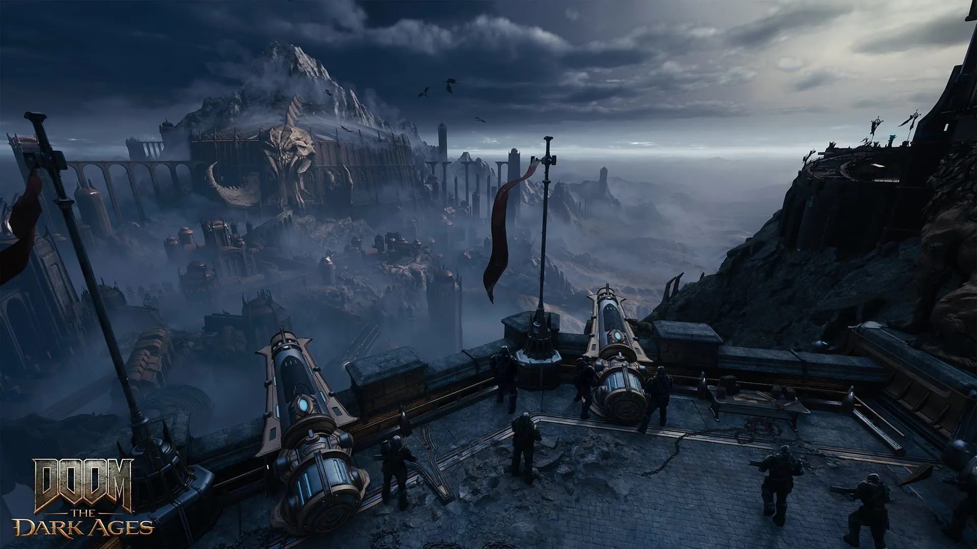 Khung cảnh chiến trường rộng lớn với pháo đài hùng vĩ trong Doom The Dark Ages