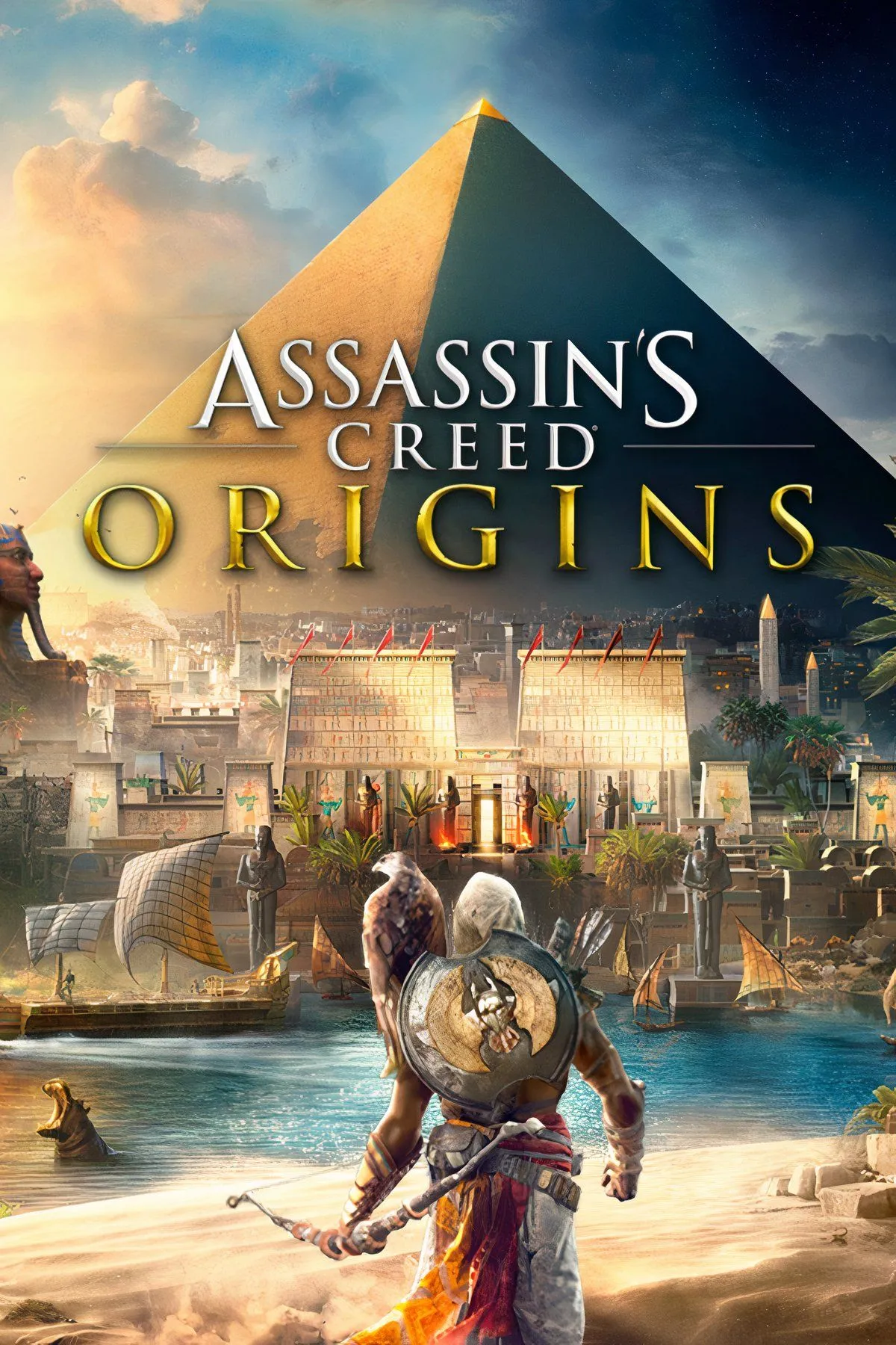 Khung cảnh sông Nile và kim tự tháp hùng vĩ tại Ai Cập cổ đại trong Assassin's Creed Origins.