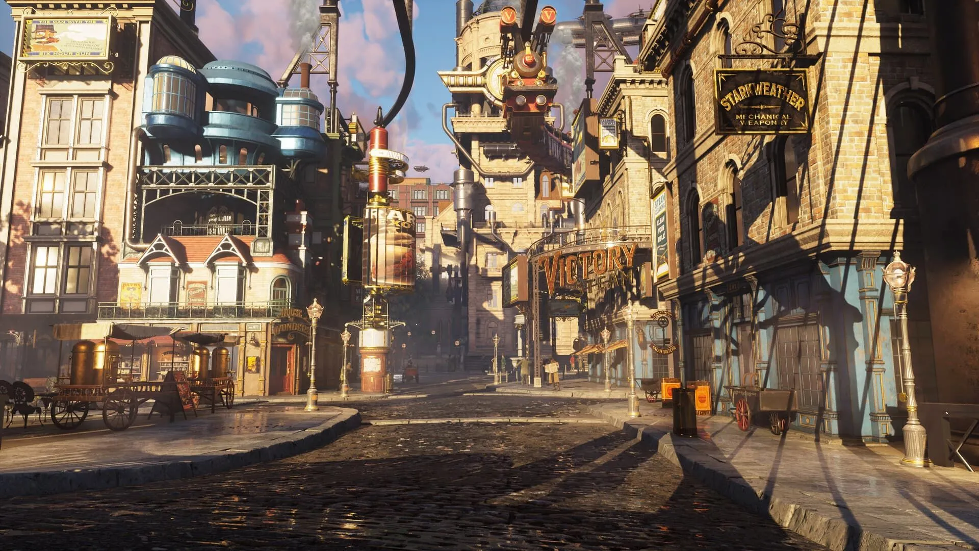Khung cảnh thành phố phong cách steampunk trong game Clockwork Revolution