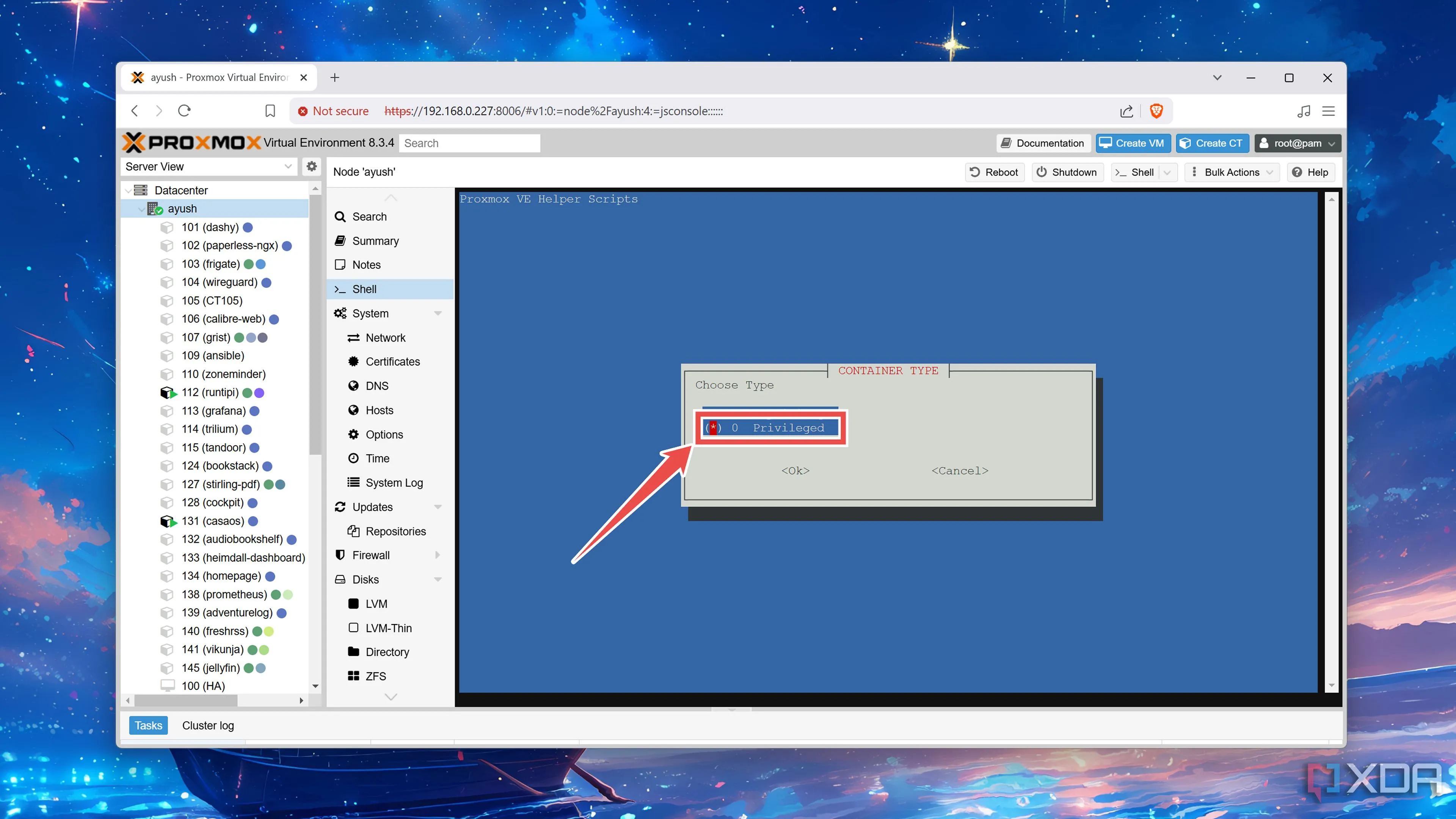 Kích hoạt tùy chọn Privileged cho container Jellyfin LXC trên Proxmox để đảm bảo quyền truy cập
