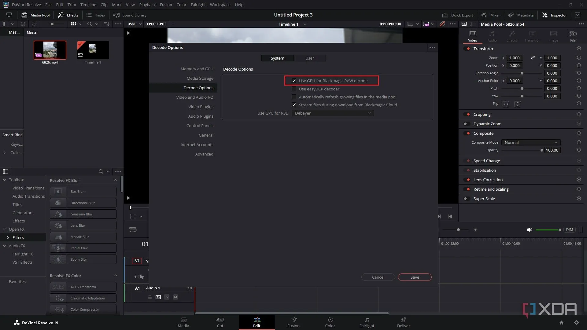 Kích hoạt tùy chọn &quot;Use GPU for Blackmagic RAW decode&quot; trong DaVinci Resolve Preferences.