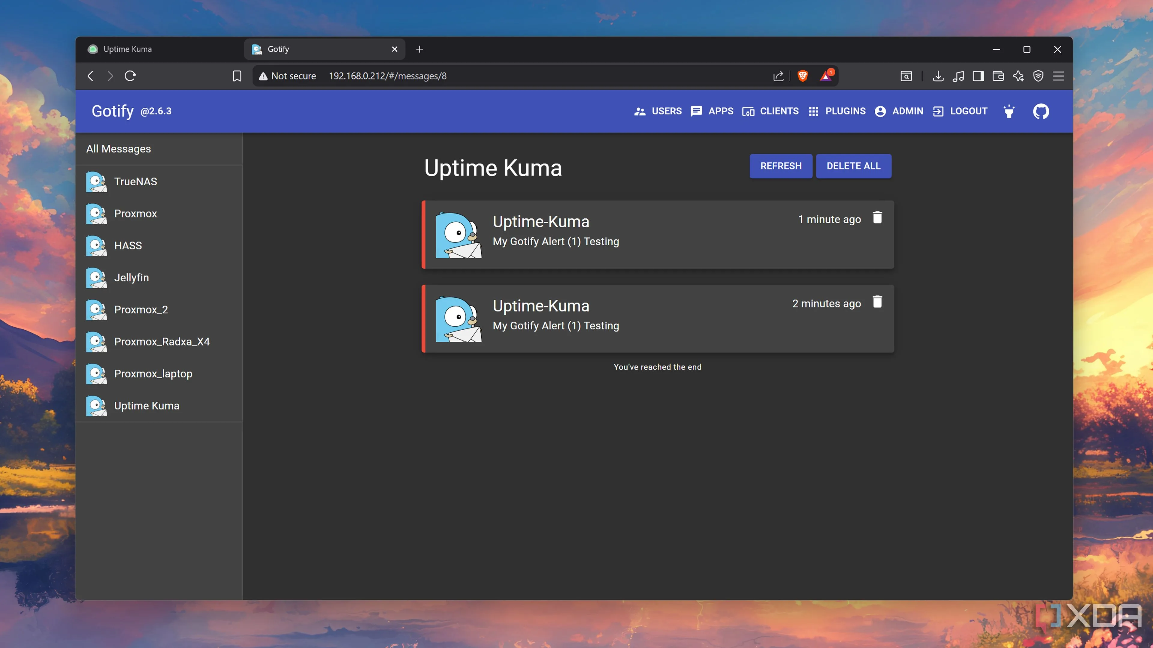Kiểm tra thông báo Uptime Kuma trên Gotify