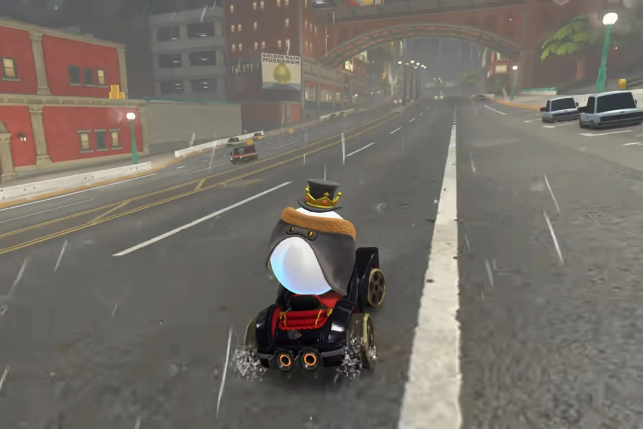 King Boo đua xe trong đường đua Crown City của Mario Kart World dưới trời mưa