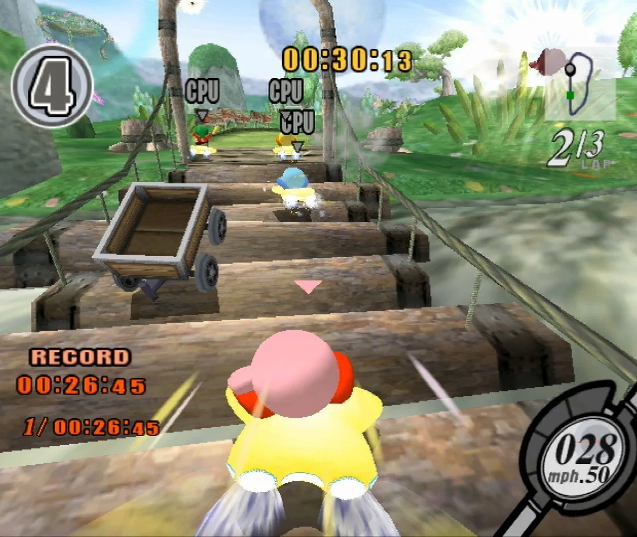 Kirby cưỡi xe vượt qua cầu gỗ trong game đua xe Kirby Air Ride