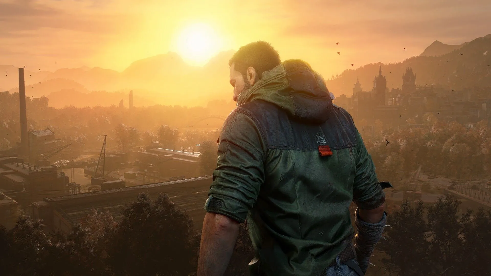 Kyle Crane đứng trên nóc tòa nhà, nhìn về phía chân trời đổ nát trong Dying Light The Beast