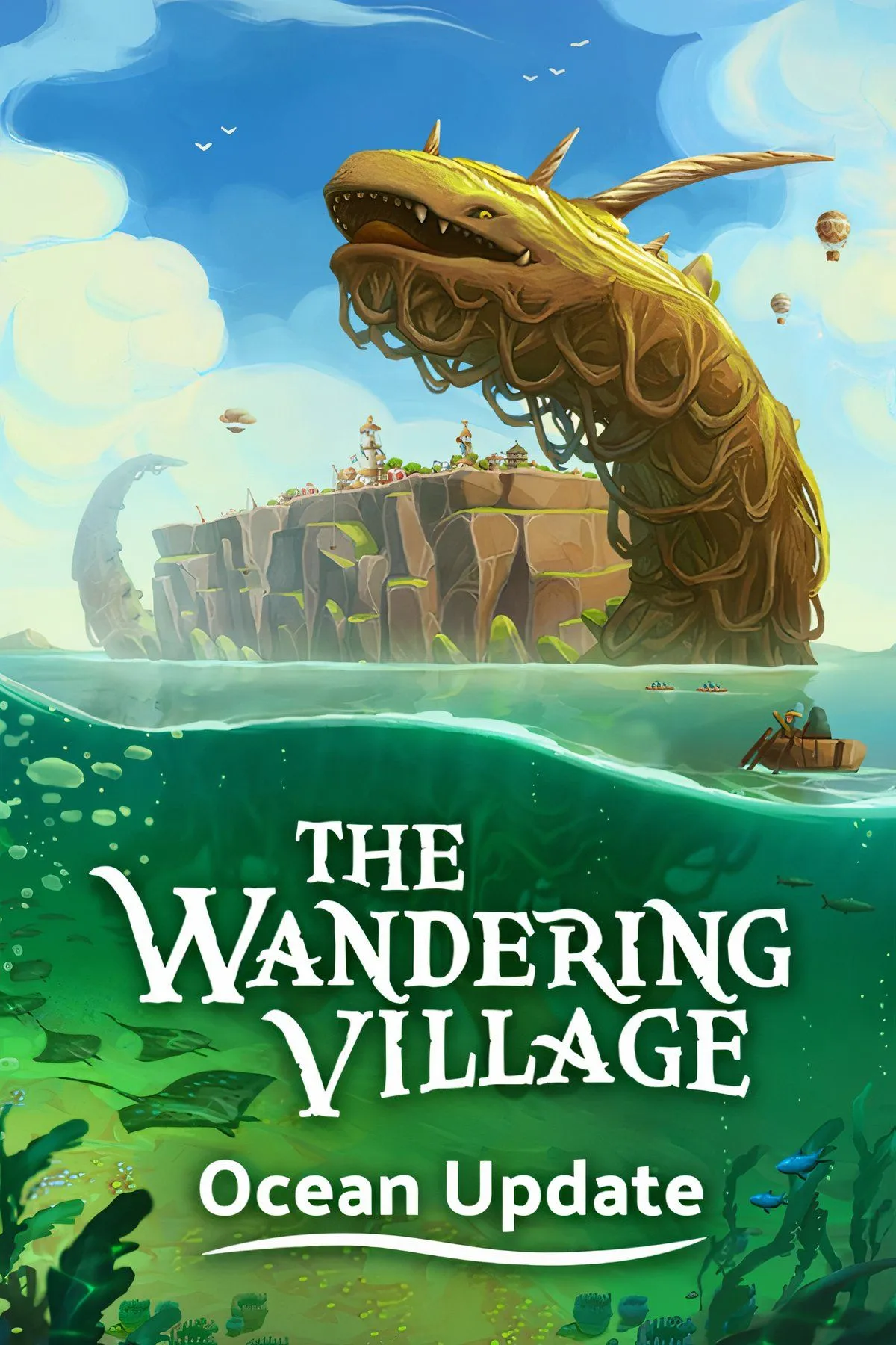 Làng mạc phát triển trên lưng sinh vật Onbu khổng lồ trong game The Wandering Village, di chuyển qua một khu rừng rậm rạp