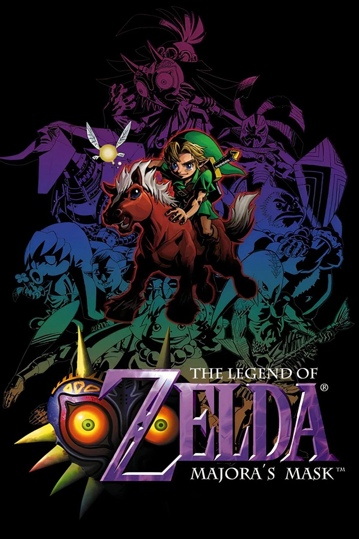 Link đeo chiếc mặt nạ Majora's Mask, biểu tượng của tựa game The Legend of Zelda: Majora's Mask, ban đầu được phát triển từ tài nguyên của Ocarina of Time.