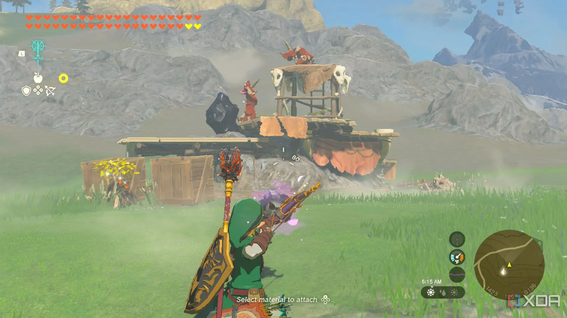 Link sử dụng mũi tên gắn Muddle Bud để vô hiệu hóa Battle Talus và loại bỏ kẻ thù trên lưng trong Zelda TotK