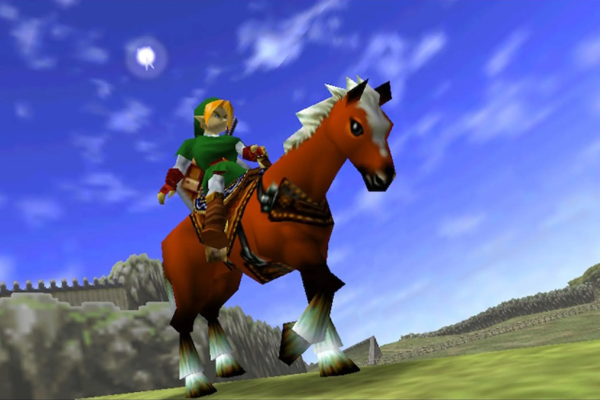 Link và Epona trong The Legend of Zelda: Ocarina of Time, tựa game Nintendo 64 đã định nghĩa cơ chế khóa mục tiêu 3D Z-Targeting.