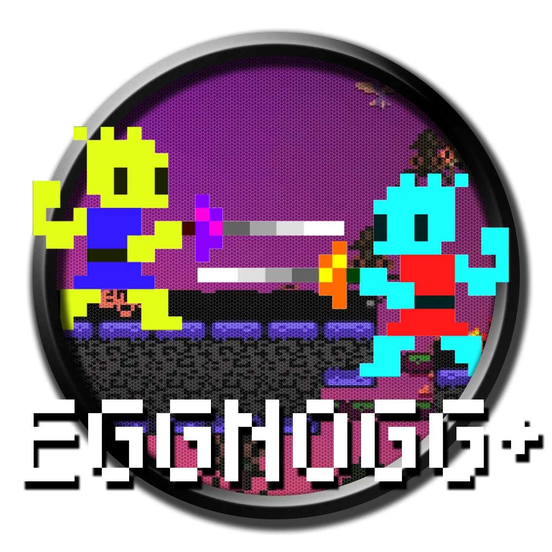 Logo của Eggnogg+, một game đấu kiếm pixel art theo phong cách retro.