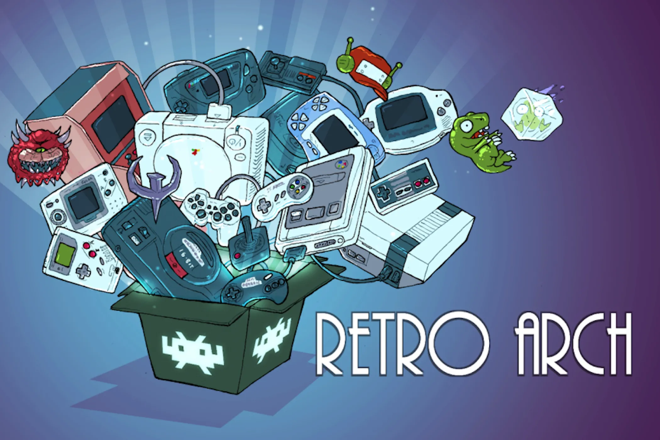 Logo và ảnh nền RetroArch thể hiện tính năng chơi game cổ điển